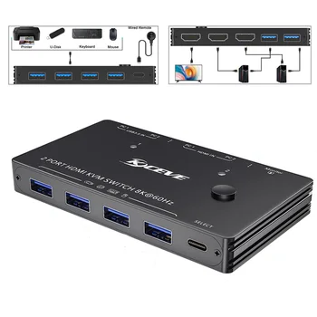 2 ПК совместно используют 1 монитор и 4 устройства USB3.0 USB-концентратор 8k @ 60Hz Многофункциональный 2 В 1 с 2 портами HDMI KVM-коммутатор, адаптер-разветвитель