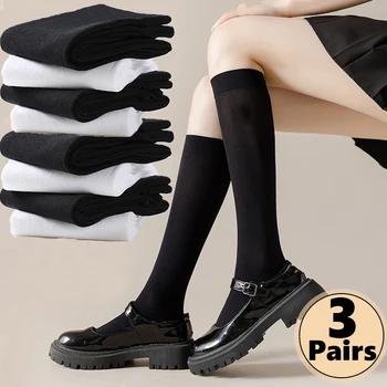 3 пары Женских носков, черные, Белые Бархатные Длинные носки JK для девочек, однотонные Мягкие эластичные Гольфы до колена в стиле Лолиты Каваи, Чулки для косплея
