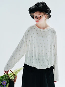 IMAKOKONI оригинальный дизайн, белая футболка с длинными рукавами и цветочным рисунком, пуловер с круглым вырезом, летний тонкий стильный топ, леггинсы, женские 234031