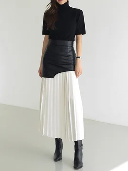 Весенняя Модная одежда 2022, Женская повседневная юбка Миди с высокой Талией, Складки, Плиссированная юбка из искусственной кожи в стиле пэчворк