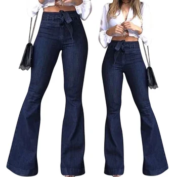 Высокая талия, слегка эластичная расклешенная шнуровка, широкие брюки во всю длину, Джинсы-клеш, женские джинсы