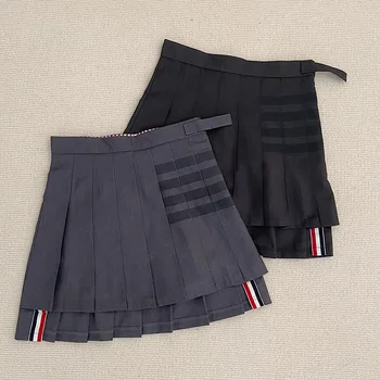 Высококачественная весенне-летняя плиссированная юбка TB с короткой талией спереди и длинной талией сзади и четырьмя полосками, серая тонкая юбка трапециевидной формы