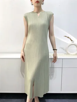 Женское плиссированное платье Miyake 2023, Летнее Темпераментное Платье для отдыха средней длины, Облегающие Плиссированные платья без рукавов с разрезом, женские