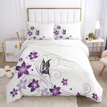 Пододеяльник с фиолетовым цветком и бабочкой, Простой Стиль, Белые Комплекты постельного белья для женщин, девочек, Украшения для детской спальни, Комфортный чехол