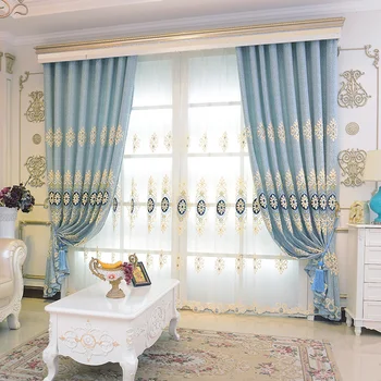 Роскошные Европейские шторы для гостиной, спальни, вышитые синим современным тюлем, Синие прозрачные шторы для кухни