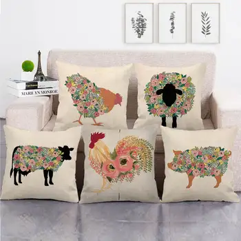 Фермерская наволочка с курицей и овцами, цветочная льняная декоративная наволочка для подушки, диван-кровать, кресло, наволочка для декора дома 45x45
